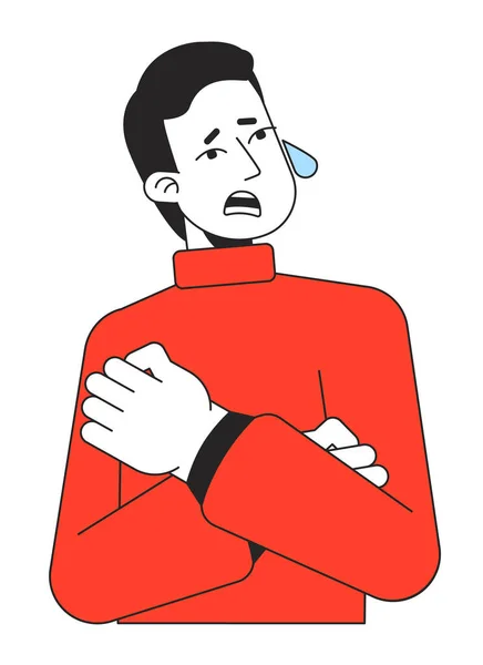 Hombre Estresado Abrazándose Mismo Llorando Carácter Vector Color Línea Plana — Vector de stock