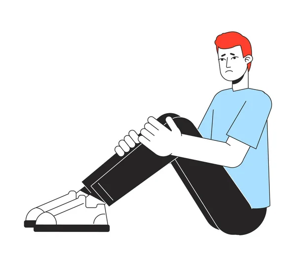 Depresivní Muž Sedí Drží Nohy Rovné Čáry Barevný Vektor Charakter — Stockový vektor