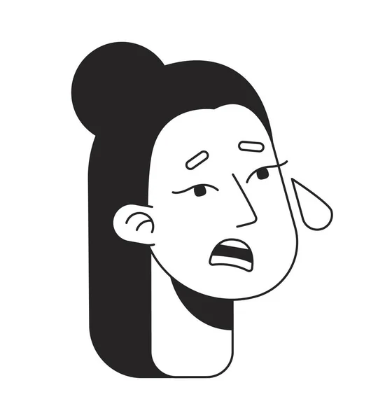 Scared Young Woman Tears Flat Line Monochromatic Vector Character Head — Stock Vector