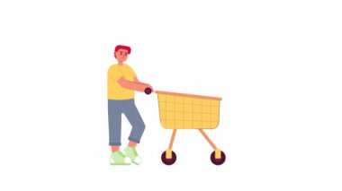 Alışveriş arabalı animasyon adam. Market alışverişinde gülümseyen çocuk, beyaz zemin üzerinde 4K video görüntüsü ve web tasarımı için alfa kanal şeffaflığı izole edilmiş 2D çizgi film düz karakter.