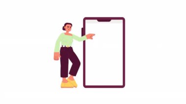 Telefon modeli olan animasyon kadın. Düz çizgi film şablonu konsept 4K video görüntüleri. Bayan dokunmatik dokunmatik ekranı alfa kanal şeffaflığıyla beyaz arkaplanda izole edilmiş animasyon