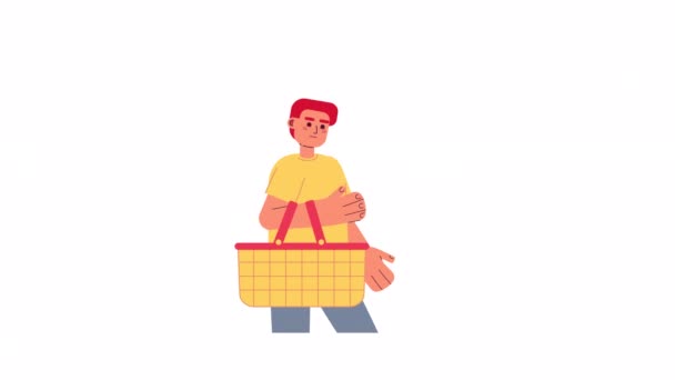 アニメ少年が食料品バスケットを持って スーパーマーケットで幸せな買い物客 ウェブデザインのためのアルファチャンネル透明性と白の背景に隔離された2D漫画のフラットキャラクター4Kビデオ映像を保存 — ストック動画