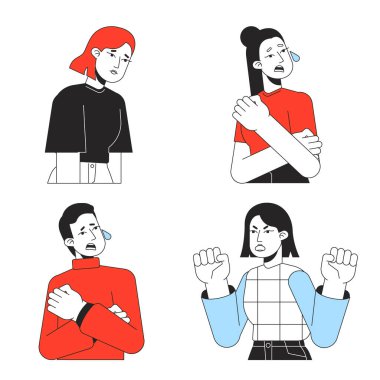 Kaygı ve depresyonda ağlayan düz çizgi renk vektörü karakterleri ayarlandı. Düzenlenebilir basit taslak yarım vücut insan beyaz üzerine. Web grafik tasarımı ve animasyonu için vurgulanmış çizgi film spot çizim paketi