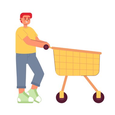 Mutlu erkek müşteri alışveriş arabasının yarı düz renkli vektör karakterini itiyor. Bakkal ziyareti. Beyazın üzerinde tüm vücudu düzenleyebilen insan. Web grafik tasarımı ve animasyonu için basit karikatür nokta çizimi