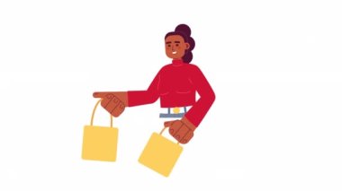 Animasyon mutlu alışveriş torbaları. Kara Cuma animasyonundan sonra genç bir kadın. İzole edilmiş 2D çizgi film düz karakter 4K video görüntüsü beyaz zemin üzerinde ve web tasarımı için alfa kanal şeffaflığı