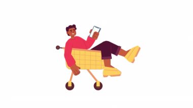 Arabasında cep telefonu olan animasyon çocuk. İnternetten bir şeyler alan genç erkek tüketici 2D animasyonu izole etti. Çizgi film düz karakteri 4K video görüntüleri, beyaz arkaplan, web tasarımı için alfa kanal şeffaflığı