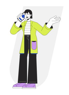 Giden genç bir kadın telefonda düz çizgili vektör benekli resimle konuşuyor. Mutlu bayan web-UI tasarımı için beyaz üzerine 2D çizgi film ana hatları çiziyor. Düzenlenebilir renkli kahraman imajı