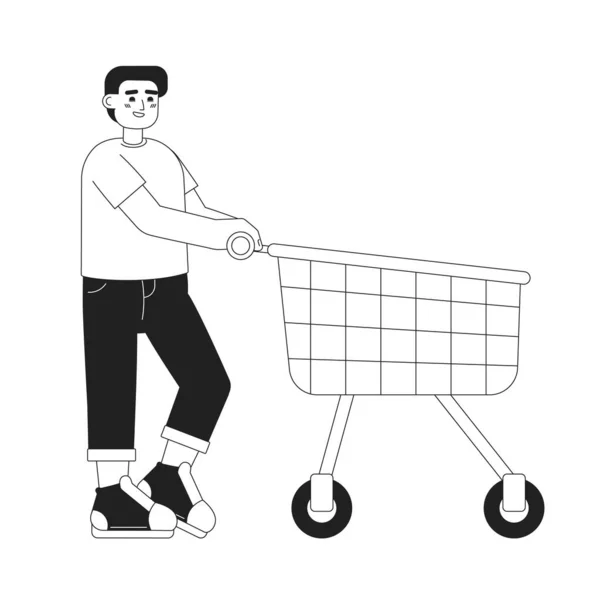 ショッピングトロリーモノクロマフラットベクトル文字を押す幸せな男性の顧客 編集可能な細い線の全身の人白 ウェブグラフィックデザイン アニメーションのためのシンプルなBw漫画のスポット画像 — ストックベクタ