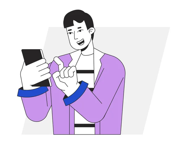 スマートフォンのフラットラインベクトルスポットイラストで遊んで興奮した男 携帯電話をスクロールするウェブUiデザインのための白の2D漫画のアウトライン文字 Gadgetユーザー編集可能な隔離されたカラフルなヒーロー画像 — ストックベクタ