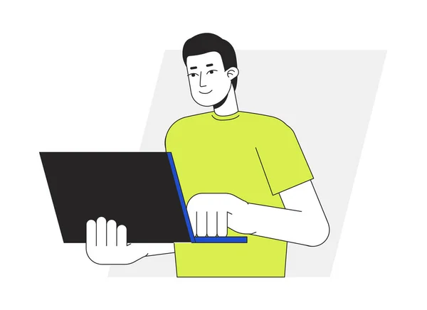 ノートパソコンのフラットラインベクトルのイラストで立って男 片手でノートブックを持つフリーランスの2D漫画のアウトラインキャラクターをホワイトでウェブUiデザイン 編集可能な隔離されたカラフルなヒーローイメージ — ストックベクタ