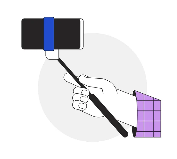 Hålla Selfie Stick Med Smart Telefon Närbild Platt Linje Vektor — Stock vektor