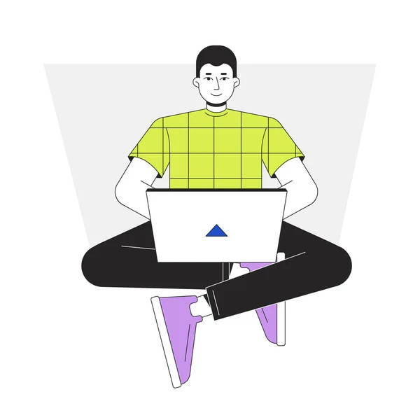 ラップトップフラットラインベクトルスポットイラストを扱うコンピュータの専門家 ウェブUiデザインのために白にノート2次元漫画アウトライン文字で座っている若い男 編集可能な隔離されたカラフルなヒーローイメージ — ストックベクタ