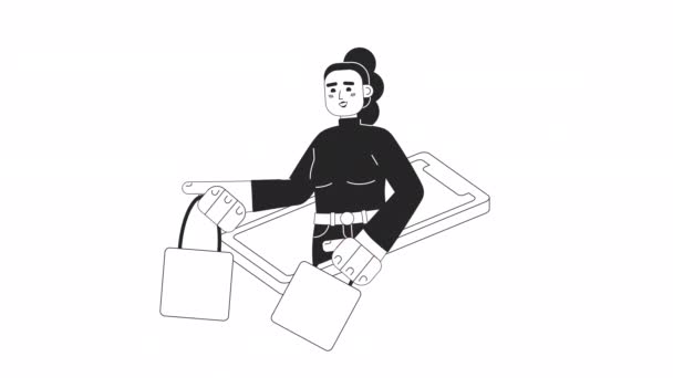Online Winkelen Hobby Animatie Geanimeerde Vrolijke Dame Met Tassen Blijkt — Stockvideo