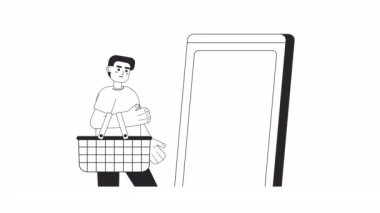 Çevrimiçi bw animasyonunu satın almak. Animasyon adam elinde alışveriş sepeti 2D düz tek renkli ince çizgi karakteri tutuyor. Web tasarımı için alfa kanal şeffaflığına sahip M-Ticaret 4K video konsept görüntüleri