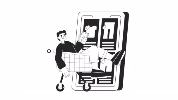 Mobile Commerce Animation Animierter Junge Einkaufswagen Online Flache Monochromatische Dünne — Stockvideo
