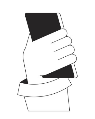 Cep telefonunun arka görüntüsü bw vektör noktası illüstrasyonu tutuluyor. Web UI tasarımı için elektronik cihaz 2D düz çizgi çizgi tek renkli ilk eli beyazın üzerine kullan. Teknik olarak izole edilmiş kahraman görüntüsü