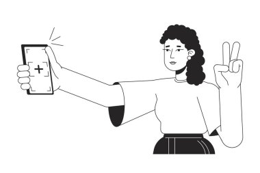 Barış parmaklarıyla selfie çeken kız bw vektör noktası çizimi yapıyor. Gen Z 'nin elinde web UI tasarımı için beyaz üzerine tek renkli çizgi çizgi film düz çizgi karakteri var. Düzenlenebilir izole edilmiş kahraman görüntüsü