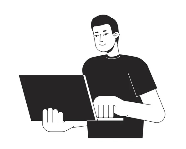 Cara Com Laptop Vetor Spot Ilustração Segurando Notebook Com Uma — Vetor de Stock