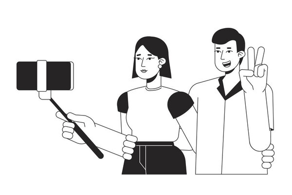 Пара фотографирует векторное пятно селфи bw. Парень показывает знак мира на камере 2D мультяшной плоской линии монохромных персонажей на белом для веб-дизайна пользовательского интерфейса. Изолированный образ героя