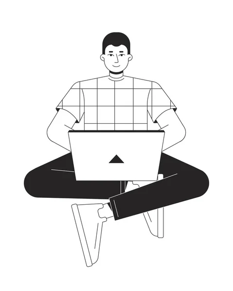 ラップトップBwベクトルスポットイラストを扱うコンピュータの専門家 ノートブック型2D漫画フラットラインのモノクロームキャラクターを持つ男は Web Uiデザインのために白に 編集可能な絶縁型アウトラインヒーローイメージ — ストックベクタ