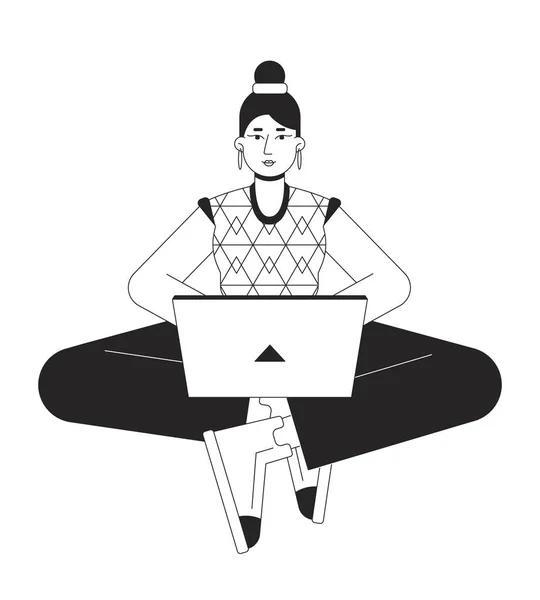 Menina Blogger Digitação Laptop Vetor Spot Ilustração Escritor Sentado Com — Vetor de Stock