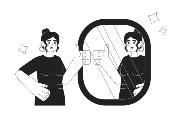 ミラー肯定モノクロコンセプトベクトルスポットイラスト 親指アップ反射ミラーを持つ女性ウェブUiデザインの2DフラットBw漫画のキャラクター 良い仕事孤立編集可能な手描きヒーローイメージ — ストックベクタ