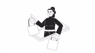 Animasyon BW çevrimiçi alışveriş koliği. Butik çantalı gülümseyen kadın akıllı telefondan 2D düz monokromatik ince çizgi karakter animasyonu yapıyor. 4K video konsept görüntüleri, web tasarımı için alfa kanal şeffaflığı