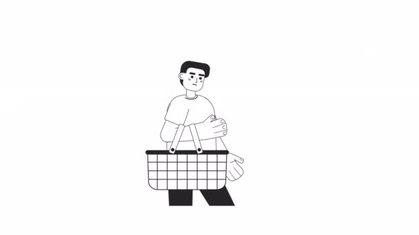 アニメの弓の少年は食料品バスケットを保持する スーパーマーケットでハッピー買い物客 ウェブデザインのためのアルファチャンネル透明性と白の隔離された2Dフラット単色薄型ライン文字4Kビデオ映像を格納します — ストック動画