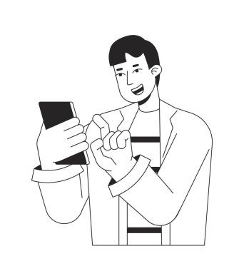 Telefonda bw vektör nokta çiziminde oynayan heyecanlı adam. Web UI tasarımı için cep telefonu 2D düz çizgi tek renkli karakteri beyaza kaydırıyorum. Gadget kullanıcısı düzenlenebilir izole edilmiş kahraman resmi