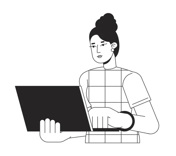 Mulher Usando Laptop Escritório Vetor Spot Ilustração Gerenciador Tarefas Feminino — Vetor de Stock