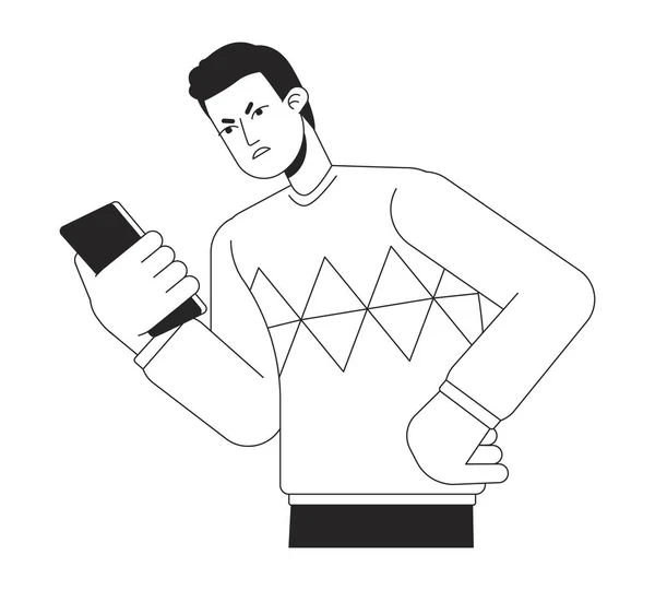電話Bwベクトルスポットイラストを見て怒っている発信者 スマートフォンの2D漫画のフラットライン単色文字を持つ刺激的な男は Web Uiデザインのための白に 編集可能な絶縁型アウトラインヒーローイメージ — ストックベクタ