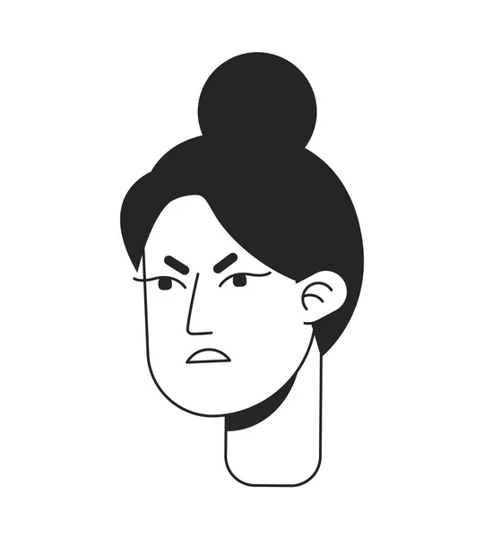Femme Irritée Avec Tête Caractère Linéaire Plate Monochrome Noeud Supérieur — Image vectorielle
