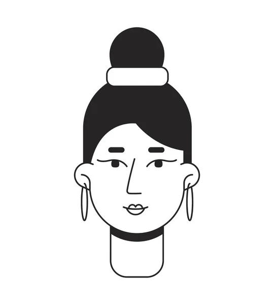 前视女人与圈圈和印度风格的高发髻单色扁平线头 可编辑的轮廓手绘人脸图标 用于动画的2D卡通点矢量动画插图 — 图库矢量图片