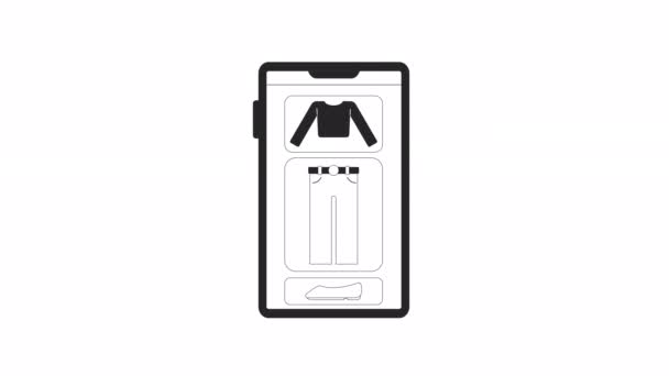 Geanimeerde Garderobe App Aan Telefoon Swiping Smartphone Scherm Cartoon Monochrome — Stockvideo