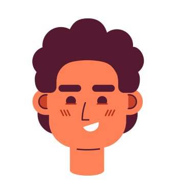 Kıvırcık saçlı adam yarı düz vektör karakter kafası sırıtıyor. Memnun Kafkasyalı genç adam. Düzenlenebilir karikatür avatar simgesi. Duygularınla yüzleş. Web grafik tasarımı ve animasyonu için renkli nokta çizimi