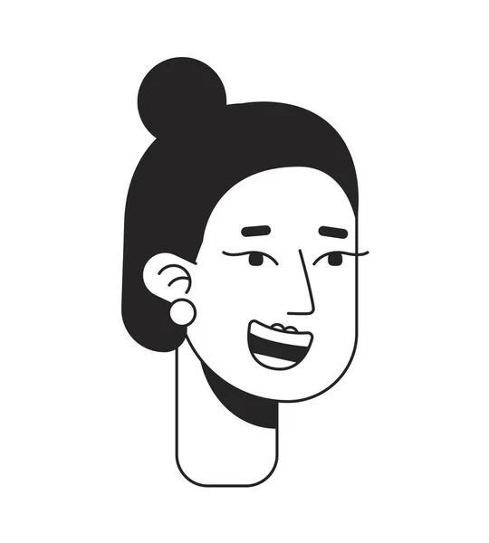 迷人的女孩咧嘴笑着 大大的单色扁平线头 快乐的女士 可编辑的轮廓手绘人脸图标 用于动画的2D卡通点矢量动画插图 — 图库矢量图片