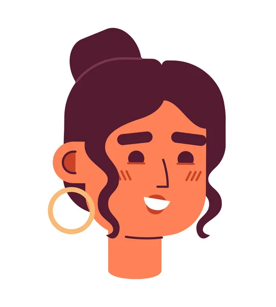 快乐的拉蒂娜女人头戴环状半扁平的矢量人头 头发扎得很紧的布鲁内特女孩 可编辑的卡通人物图标 面对情绪 网页平面设计 动画的彩色图片 — 图库矢量图片