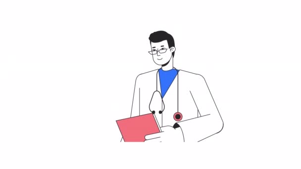Κινούμενο Χαμογελαστό Αρσενικό Γιατρό Ασιάτης Γιατρός Κρατώντας Πρόχειρο Απομονωμένο Animation — Αρχείο Βίντεο