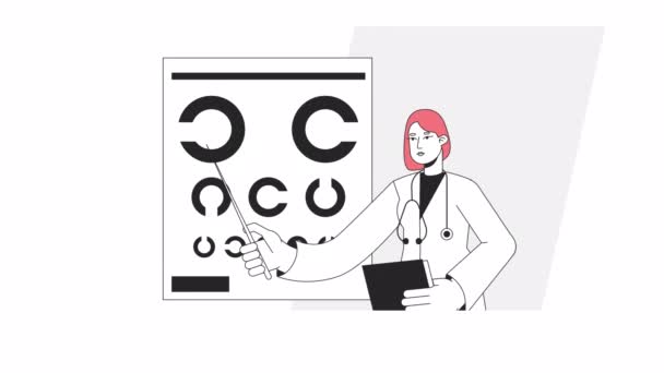 Zkontrolujte Animaci Vidění Animovaný Ženský Optometrista Oční Mapy Stěně Kreslený — Stock video