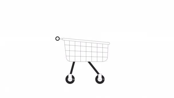 Animated Rolling Shopping Cart Черно Белая Тонкая Линия Иконка Видео — стоковое видео
