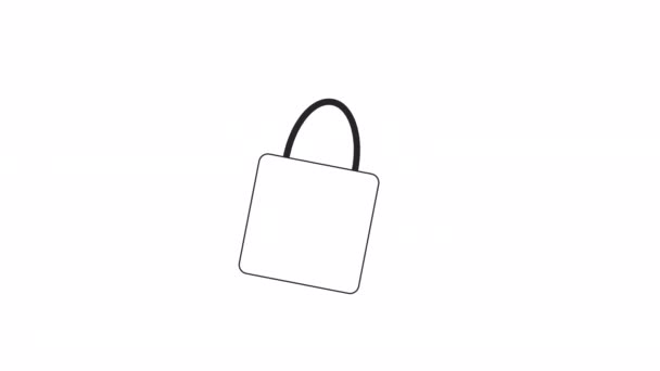 动画Bw购物袋 黑白色细线图标4K视频镜头用于网页设计 带有手柄的摇动开关 具有Alpha通道透明度的孤立单色平面物体动画 — 图库视频影像