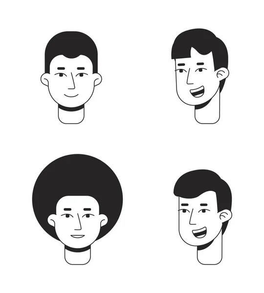 Мужчины Красивые Улыбки Монохромные Плоские Линейные Персонажи Набора Головок Счастливый — стоковый вектор