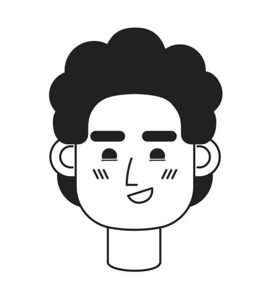 Curly Haired Guy Smirking Monochrome Flat Linear Character Head Pleased — Stock Vector