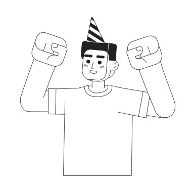 Doğum günü monokromatik düz vektör karakterini kutlayan parti şapkası takan heyecanlı bir adam. Partiye katılan. Düzenlenebilir ince çizgi, yarı insan yarı beyaz. Web grafik tasarımı için basit bw çizgi film nokta resmi