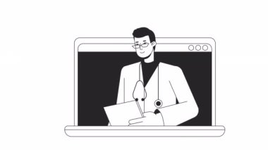 Çevrimiçi doktor bw animasyon danışmanı. Laptop 2D düz tek renkli çizgi karakteri olan animasyon Asyalı erkek doktor. Atanma 4K video konsept görüntüleri web tasarımı için alfa kanal şeffaflığı ile