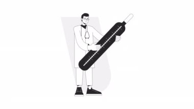 Termometre bw animasyon tutuluyor. Animasyon erkek doktor 2D düz tek renkli ince çizgi karakter. Aile hekimi doktor 4K video konsept görüntüleri ve web tasarımı için alfa kanal şeffaflığı