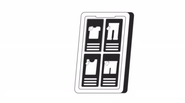 Giysi uygulamalı animasyon bw telefon. Mobil ekran 2D düz tek renkli ince çizgi animasyonundan yeni kıyafetler seçiyorum. Etrade 4K video konsept görüntüleri ve web tasarımı için alfa kanal şeffaflığı