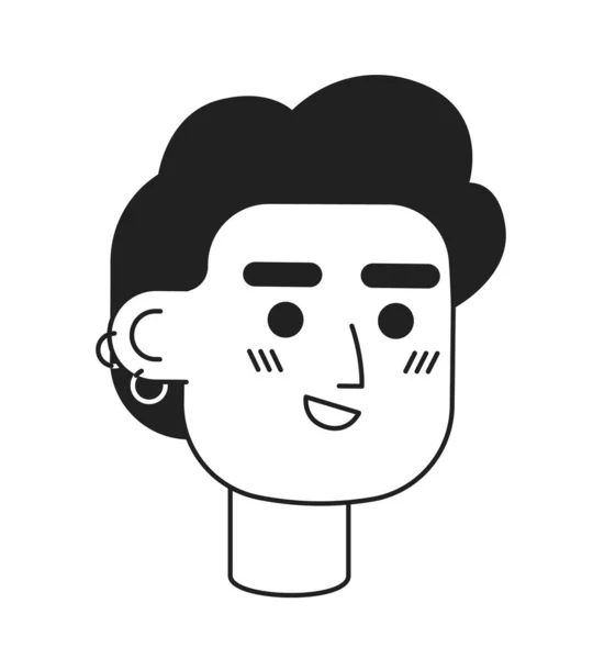 具有单色扁平线头耳孔的希斯特高加索人 笑的很酷的家伙 可编辑的轮廓手绘人脸图标 用于动画的2D卡通点矢量动画插图 — 图库矢量图片