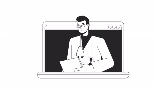 Médico Line Consultar Animação Animado Asiático Médico Masculino Laptop Plana — Vídeo de Stock