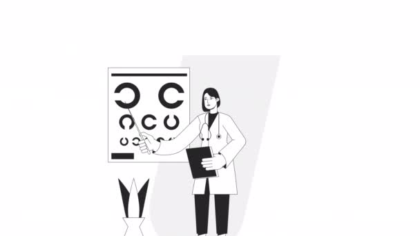 Oftalmologi Animation Animerad Asiatisk Kvinna Ögonläkare Platt Monokromatisk Tunn Linje — Stockvideo